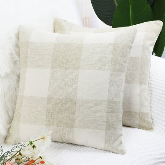 shngshifan 2Pcs Buffalo Check Plaid Throw Pillowcases Cotton Linen Cushion Covers Beige White 18"x18"
