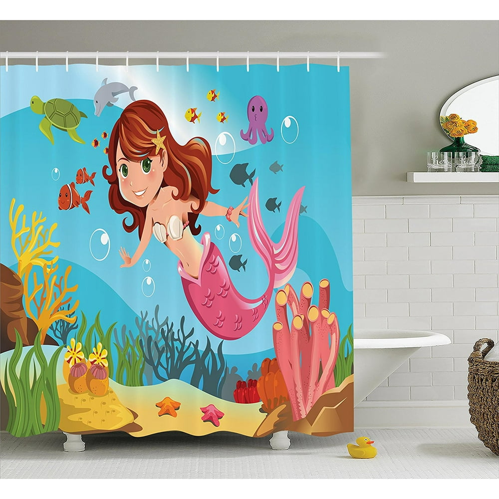 Little Mermaid Shower Curtain Set By , Mermaid Swimming Underwater in the Ocean Smiles Kids