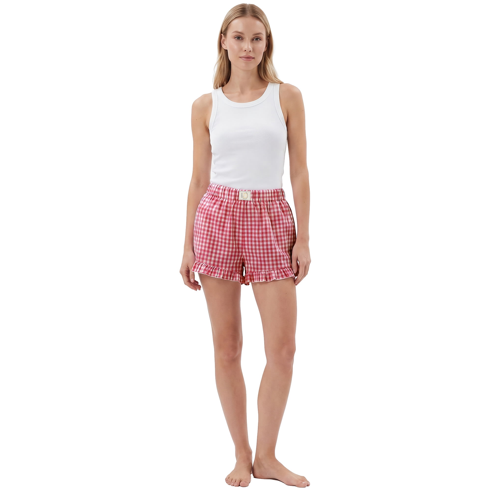 Dakimoe Women's Pajama Shorts with Ruffle Hem, Gingham Plaid Boxer Sleep Shorts & Lounge Shorts