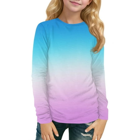 Inglocry Girls Long Sleeve T Shirts Kids Crewneck Fall Winter Tops Loose Fit Graphic Tees 5-14 Years Light Blue 5-6Y