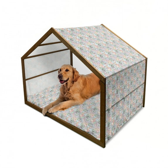 Colorful Pet House, Retro Postal Pattern Different Countries Traveling Tourism Elements Composition, Outdoor & Indoor Portable Dog Kennel with Pillow and Cover, 5 Sizes, Multicolor, by Ambesonne