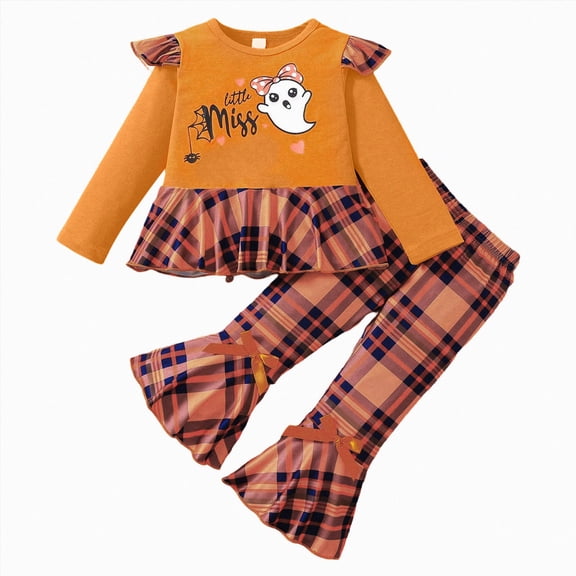 yboeqw Toddler Girl Clothes Fall Outfits Set Ruffle Sleeve Tops and Flare Leggings 6Months-5Years Winter Halloween Clothes,Size 18-24 Months