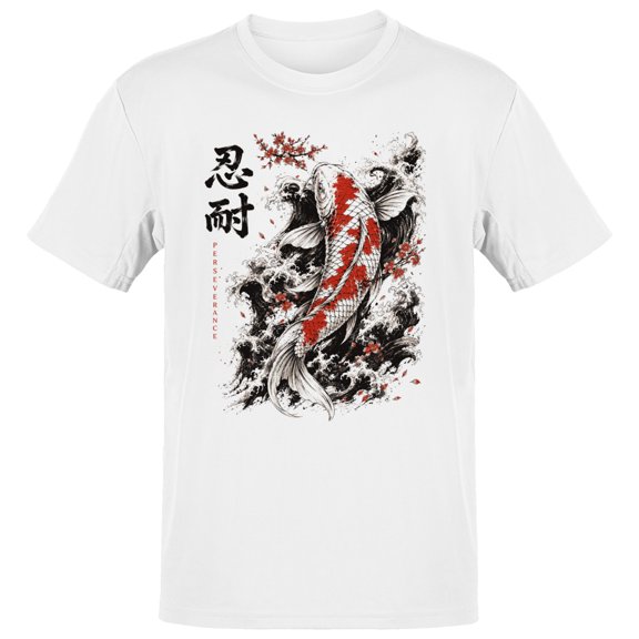 Smartprints Perseverance Koi Fish Japanese Art Men's T-Shirt White, Cotton, S