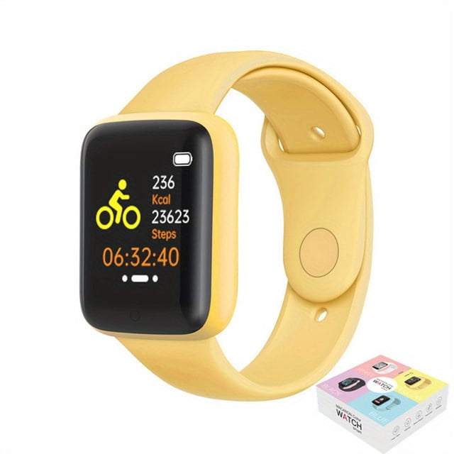 y68 smart watch medición de presión arterial de oxígeno en sangre frecuencia cardíaca rastreador de fitness medidor de ejercicio millaje calor llamada recordatorio de información monitoreo del sueño r reloj inteligente amarillo, vista 3/4 frontal con pantalla rectangular a color que muestra ícono de ciclismo, calorías, pasos y cronómetro; correa de silicona ajustable, rastreador multideporte compatible con iOS10 y Bluetooth.