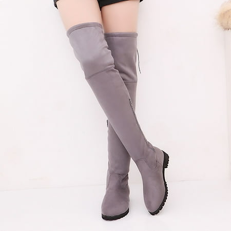 

Women s Lace-Up Knee Bare Boots Flat Round Toe Shoes Casual Long Booties Gray