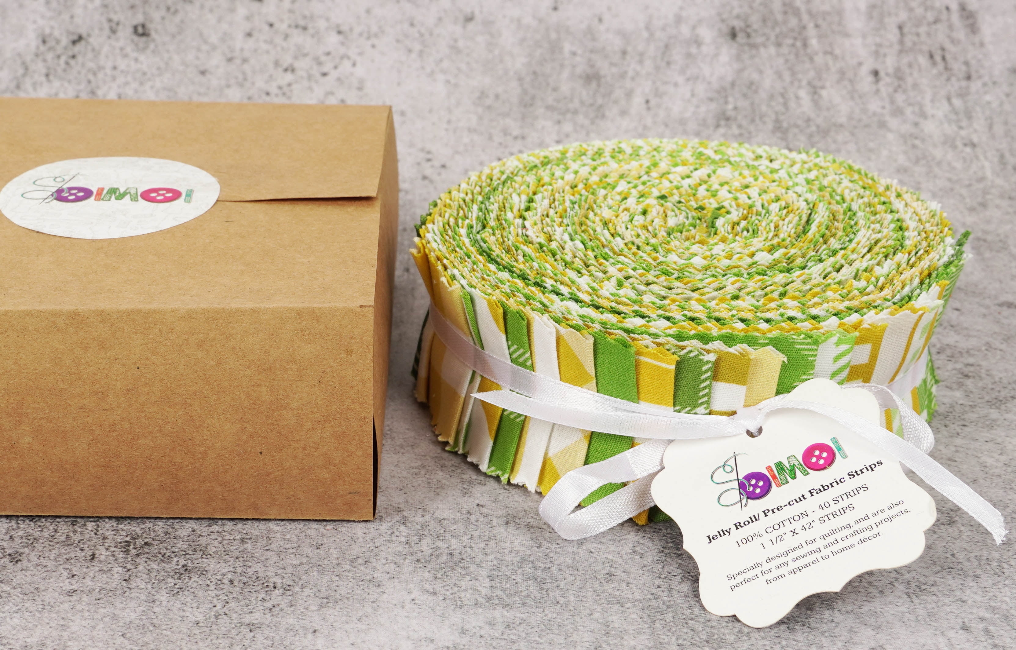 Soimoi 40Pcs Check Print Precut Fabrics Strips Roll Up 1.5x42inches Cotton Jelly Rolls For Quilting - Light Green & Mustard Yellow