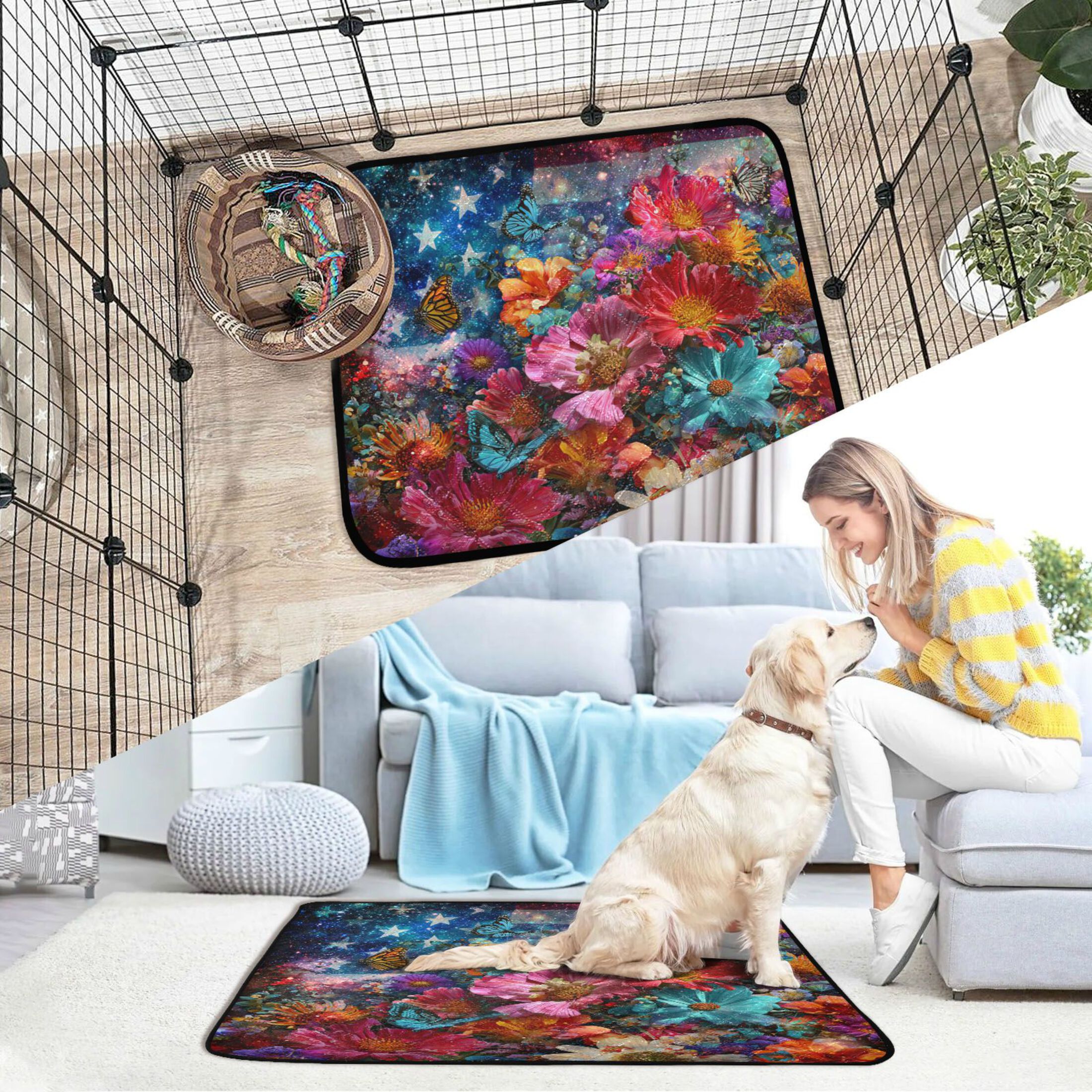 Qxltty American Flag Flower Cat litter Pads Pet Set of 2 Diaper Mats Center Anti-leakage Layer Absorbent Soft and Comfortable