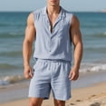 thumbnail image 2 of Makaor Linen Sets for Men 2 Piece Big and Tall Solid Color Matching Sets Vacation Outfits Sleeveless Button down Shirts Drawstring Shorts Trendy Travel Clothes, 2 of 8