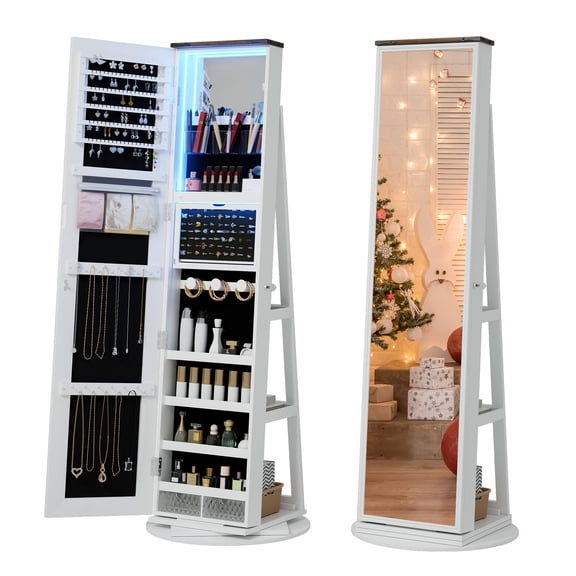 VKCC Jewelry Cabinet Standing,360° Swivel Jewelry Armoire,Full Length Mirror with Storage,White