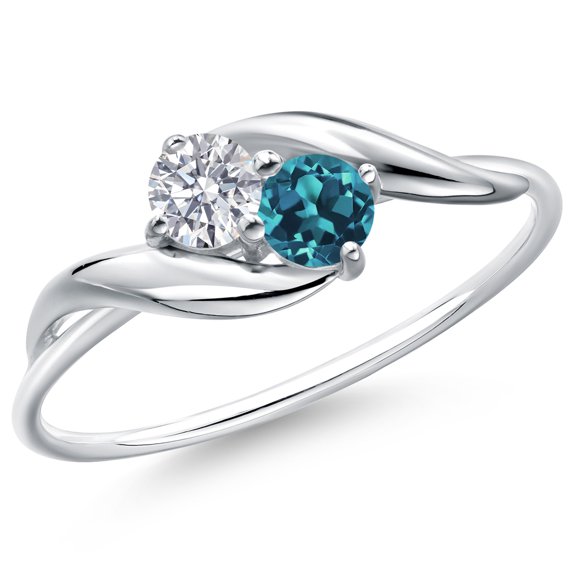 Gem Stone King 10K White Gold Round White Lab Grown Diamond and London Blue Topaz Ring for Women (0.39 Cttw, Round 3.5MM, Gemstone April Birthstone, Size 7)