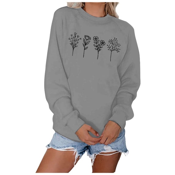Pullover Sweatshirts for Women Trendy Winter Fall Relaxed Fit Crew Neck Long Sleeve Rolled Drop Shoulder with Pocket Floral Leisure Cotton Top Pullover(Grey,L)