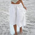 thumbnail image 5 of Women's Loose Fit Wide Leg Pants Summer Cotton Linen Casual Five Quarter Pants Elastic Waist with Drawstring Trouses by Yigetop White S, 5 of 5