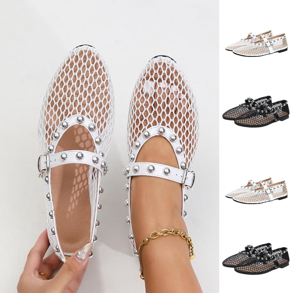 Miqool Womens Mesh Ballet Flats Fishnet Round Toe Buckle Strap Hollow Out Breathable Casual Mary Jane Flat Shoes for Summer Spring