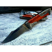 9" Engraved Hunting Blade Lockback Folding Tactical Pocket Knife Wood Handle
