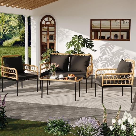 4 Piece Outdoor Patio Conversation Set with Coffee Table & Thick Cushions, All Weather Wicker Patio Furniture Set, Outdoor Rattan Furniture for Small Balcony Garden Yard, Black