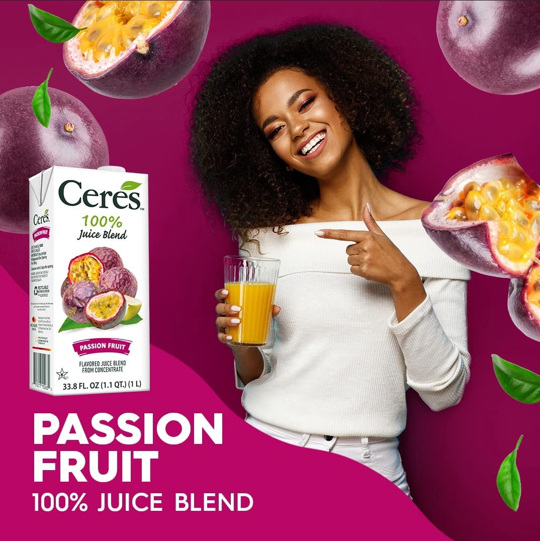 Ceres 100% All Natural Pure Fruit Juice Blend, Passion Fruit - Gluten Free, Rich in Vitamin C, No Added Sugar or Preservatives, Cholesterol Free - 33.8 FL OZ (Pack of 12)