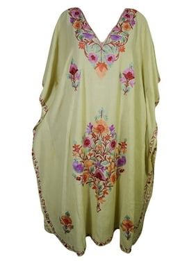 Mogul Women's Beige Red Kaftan Kimono Sleeves Beautiful Floral Embroidered Evening Resort Wear Stylish Lounge Maxi Caftan Dresses 4XL