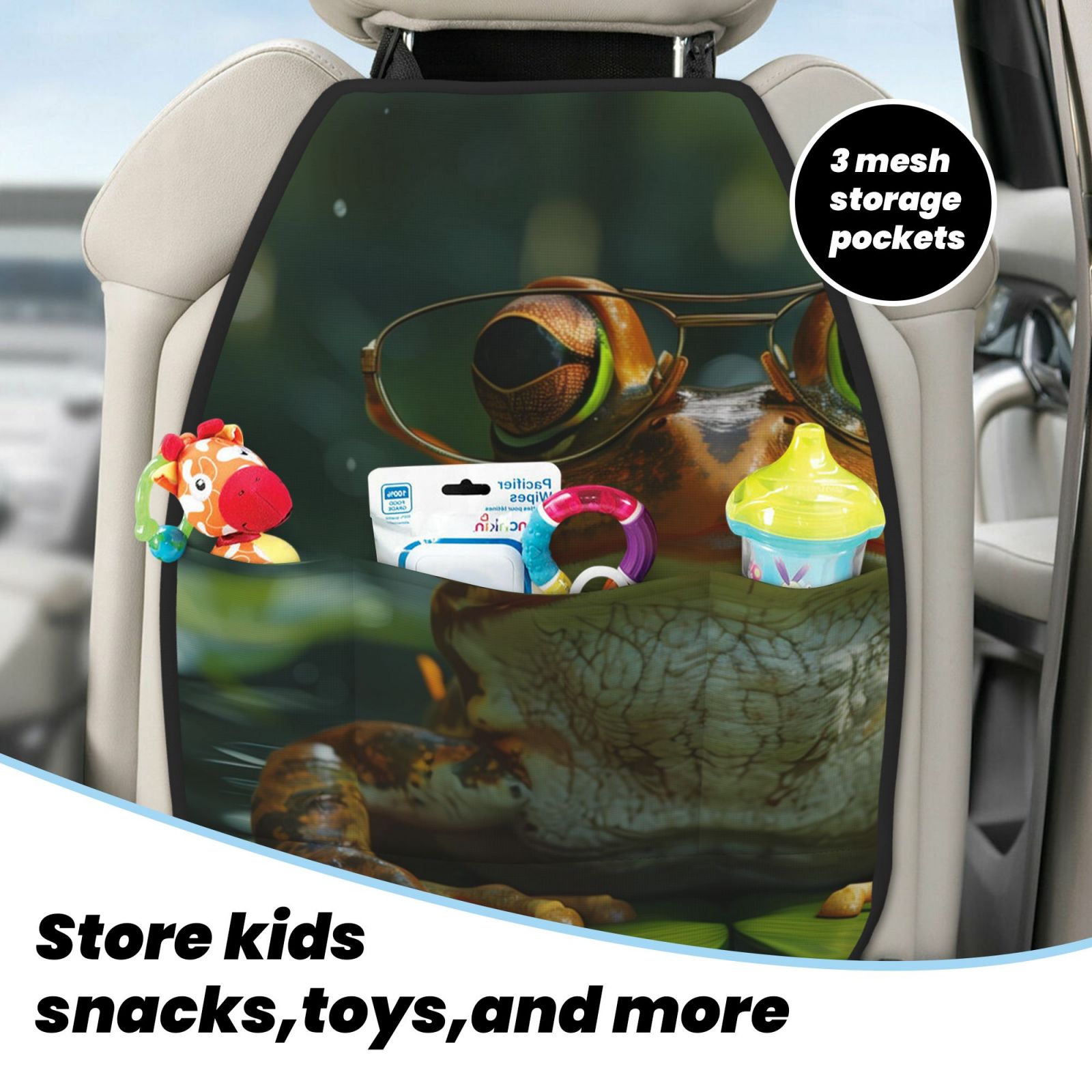Kdxio Intellectual Frog Pond Print 2 Pack Car Kick Mat Seat Cover Back Protector Mat with Pockets for Organizer Backseat Protector and Storage Anti Kick Pad for Vehicles