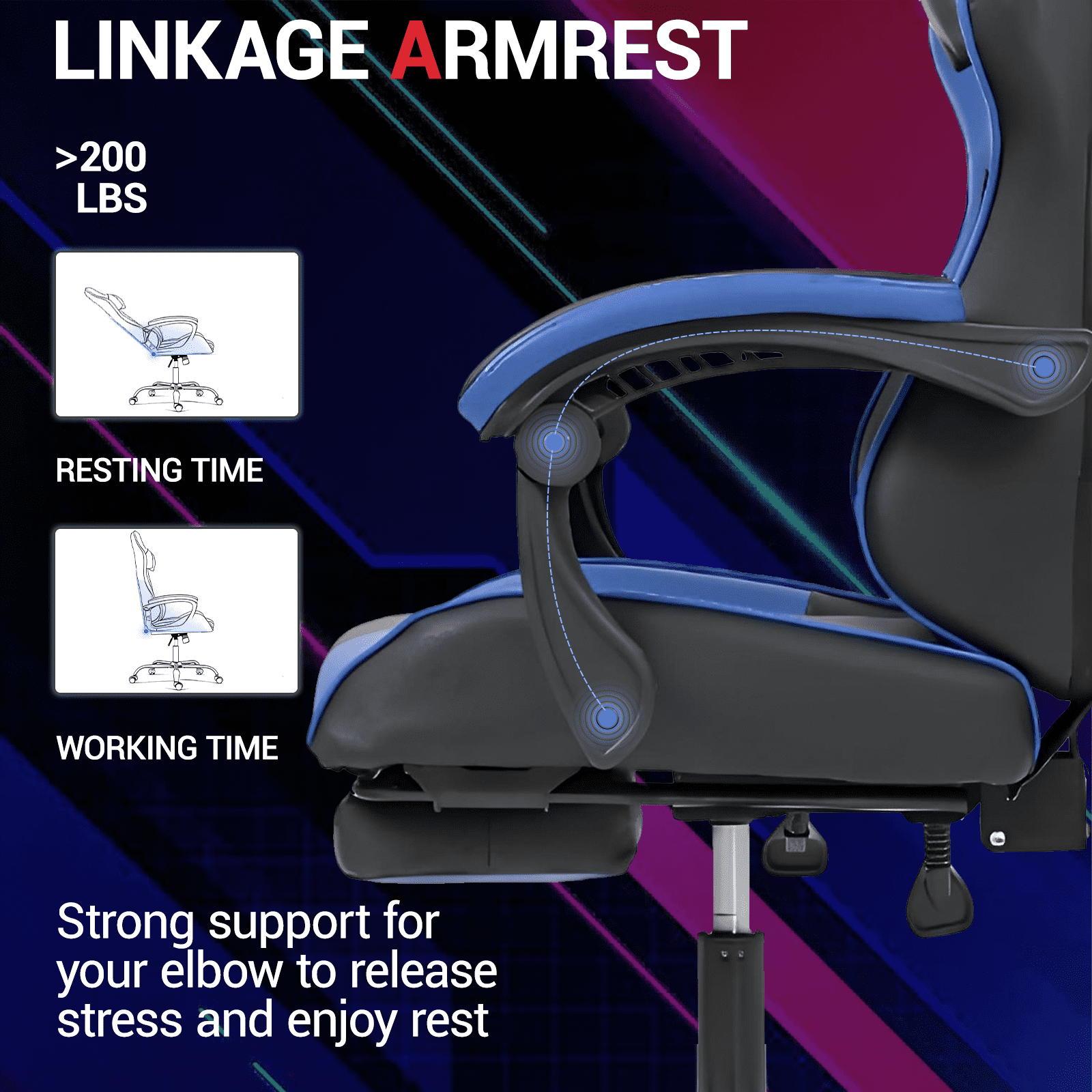 WENTUM Ergonomic Reclining Gaming Chair with Linkage Armrests & Footrest, Racing Office Chair, PU Leather Computer Desk Chair, Blue