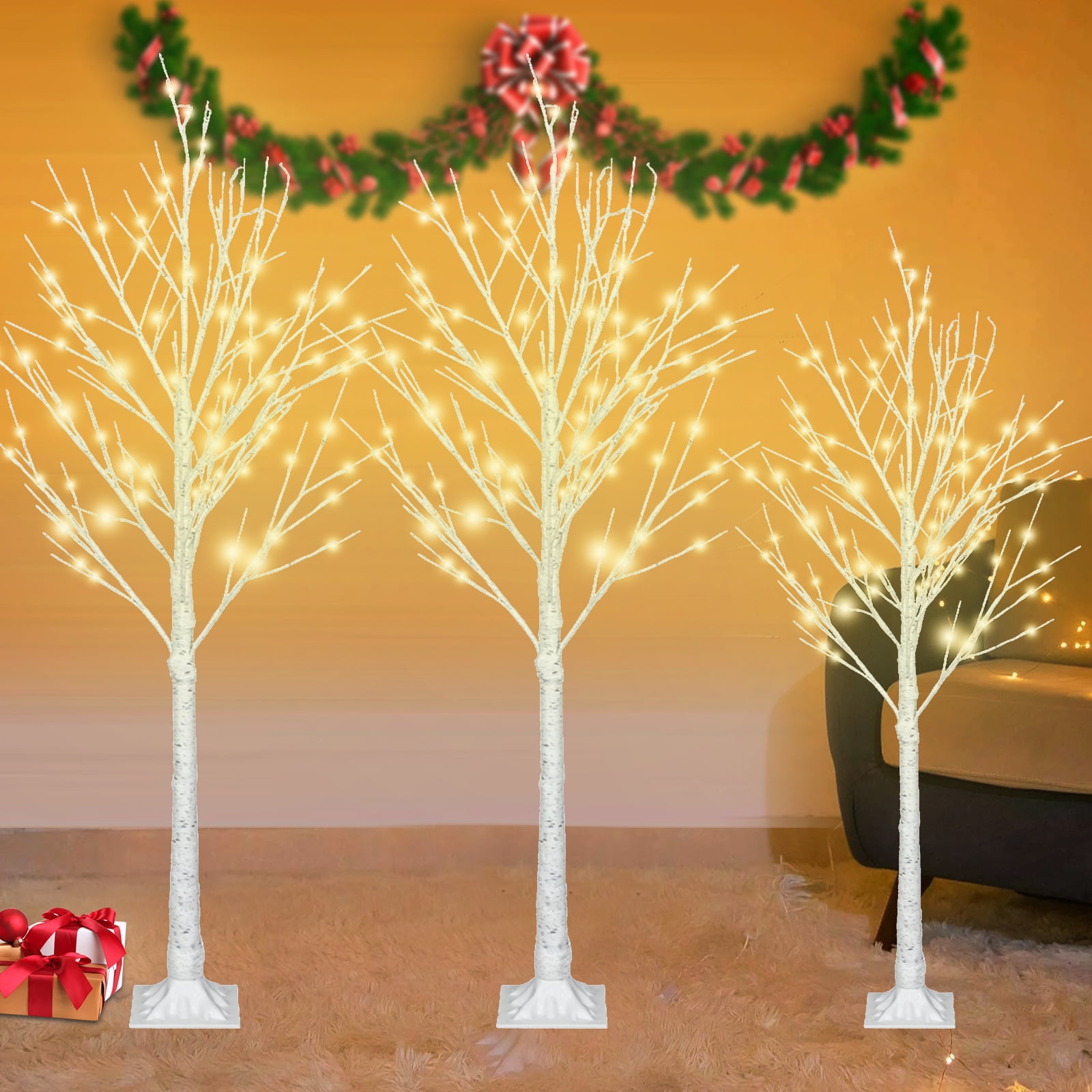 White Prelit Christmas Tree 4FT 6FT 6FT, 3PCS Christmas Decor Birch