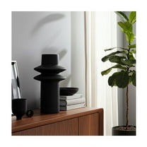 Modern Sculptural Vase Stoneware Woven Synthetic Wicker Ceramic Decorative Accent Rounded Neck Contemporary Single Form Display Piece