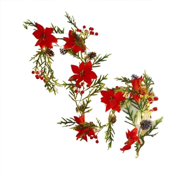 HCBY 9.8FT Christmas Garland Decoration with Lights Lighted Pine Cone Poinsettia Vine Light Up Pinecone Flower Garland for Indoor Outdoor Mantel Stair Fireplace Party Terrace Wedding