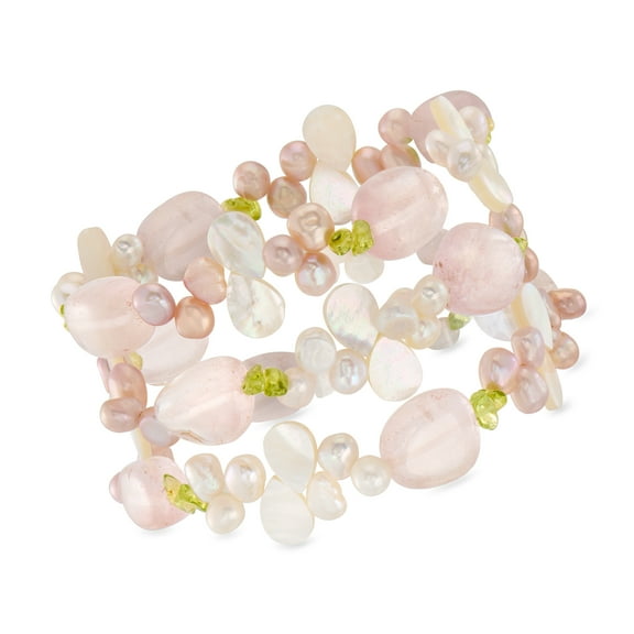 Ross-Simons 5-6mm Cultured Pearl, 100.00 ct. t.w. Rose Quartz and 11.00 ct. t.w. Peridot Bead Jewelry Set: 3 Stretch Bracelets, Women's, Adult