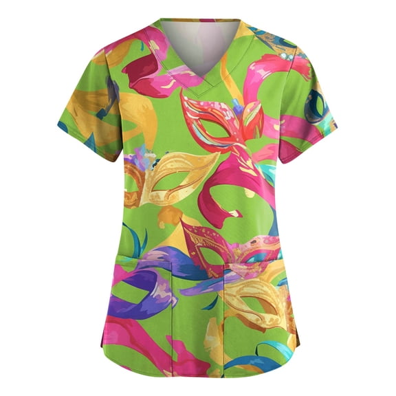 Womens Mardi Gras Scrubs Glitter Mask Print Short Sleeve Nurse Uniform Sparkly V Neck Green Nursing Top with Pockets Green 5XL
