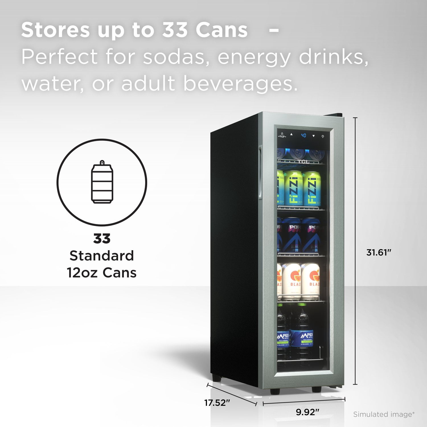 TCL Stainless Steel Single Door 33 Can Beverage Cooler for Kitchen, Bedroom & Office, 1.24 Cu. Ft.