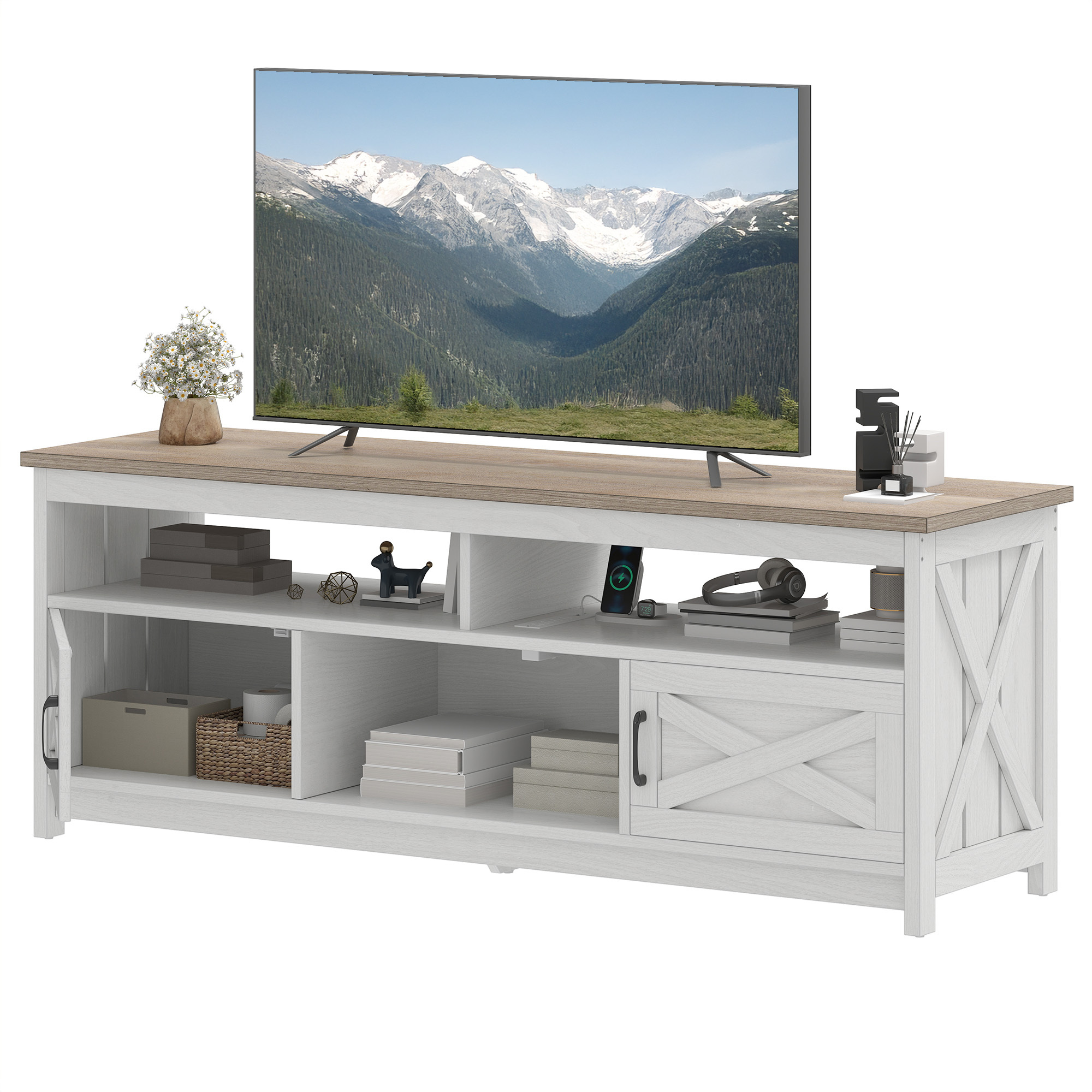 Uforic 65 Inch Farmhouse TV Stand Fits 70/75 Inch Flat Screen TV with RGB Ambient Light, Cable Holes, Built-in Power Station & Multi Storage Space for Living Room, Beige+White