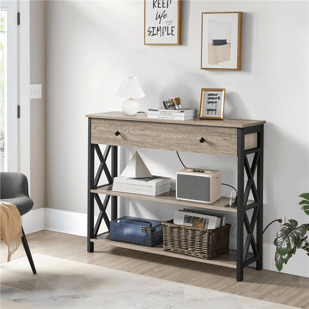 Alden Design Vintage Wooden Console Table with Power Outlet & 1 Drawer for Entryway, Gray