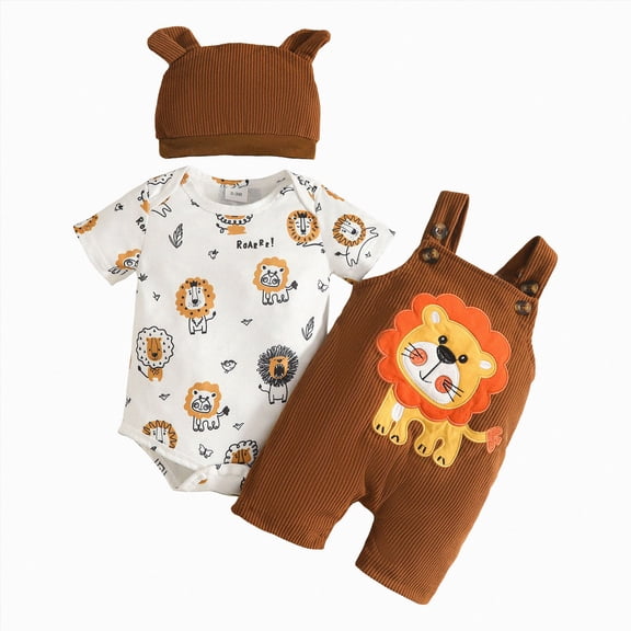 WUANDIXFA Baby Boy Clothes 3 6 12 18 Months Fall Winter Outfit Short Sleeve Romper Pants Set with Hat,Coffee,0-3 Months