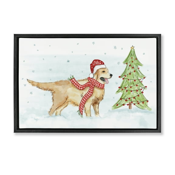 Stupell Industries Snowy Labrador Scene Holiday Painting Black Floater Framed Canvas Art Prints Wall Art, 25 x 17