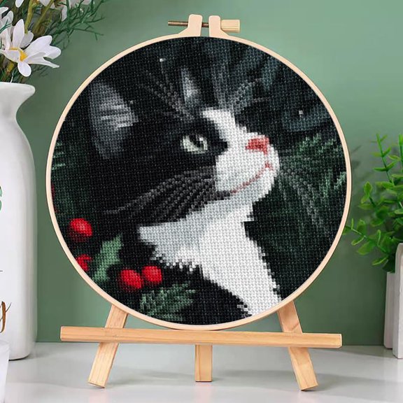 DIY Counted Cross Stitch Kits Christmas Black and White Cat Easy for Beginners with Hoop 11CT Needlepoint Embroidery Cross Stitch Set Craft Wall Art Decor 22x22cm(1)