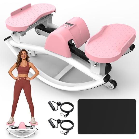 LuckyNote Lateral Stepper Machine with Resistance Bands & LCD Monitor, 330 lbs Capacity Whisper-Quiet Rocking Stepper for Home Workout, Pink