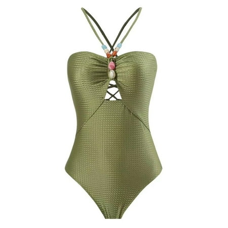 Fadeal 3 Piece Swimsuits for Women  Women Casual Abstract Floral Print 1 Swimwear+1 Cover Up Two Vintage Print Swimsuit Monokini Bikini 2 Swimsuits Two Women Beach Fashion Swimsuit Green XL