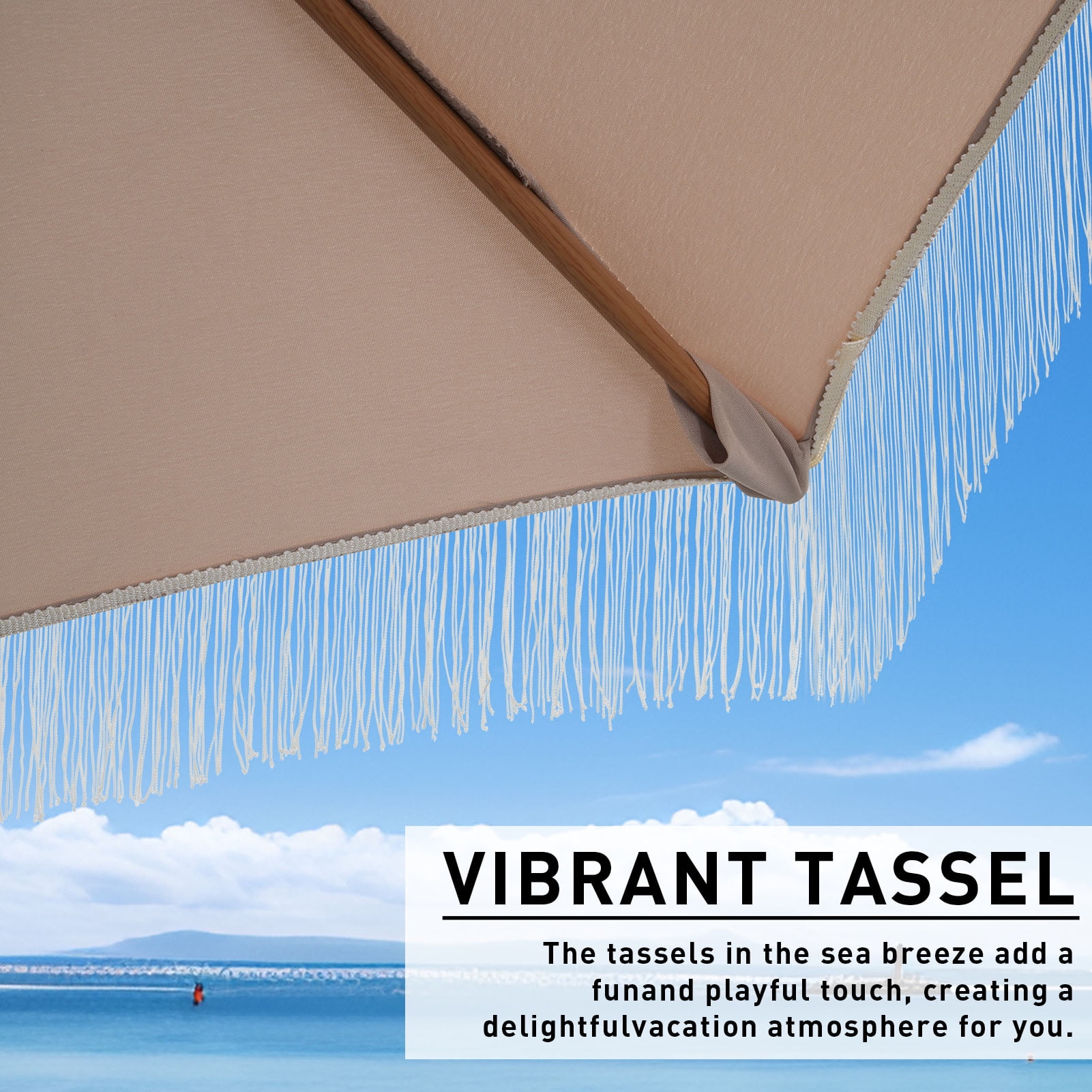 Autlaycil 7.5 ft Fringe Patio Umbrella, Outdoor Table Tassels Umbrella with Push Button Tilt and Crank - Khaki