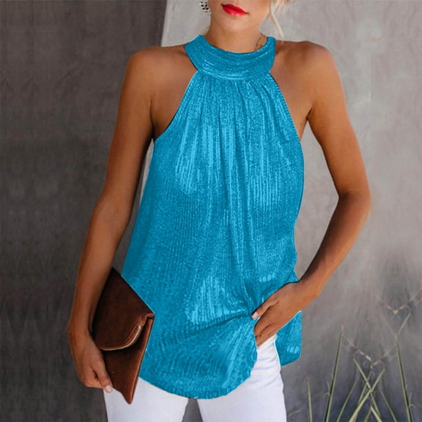 ICHUANYI Clearance Womens Casual Solid Color Round Neck Halter Sleeveless Tops Blouses Tops Tank Shirt Vest With Zipper(Sky Blue, M) ICHUANYI WER2023081115386