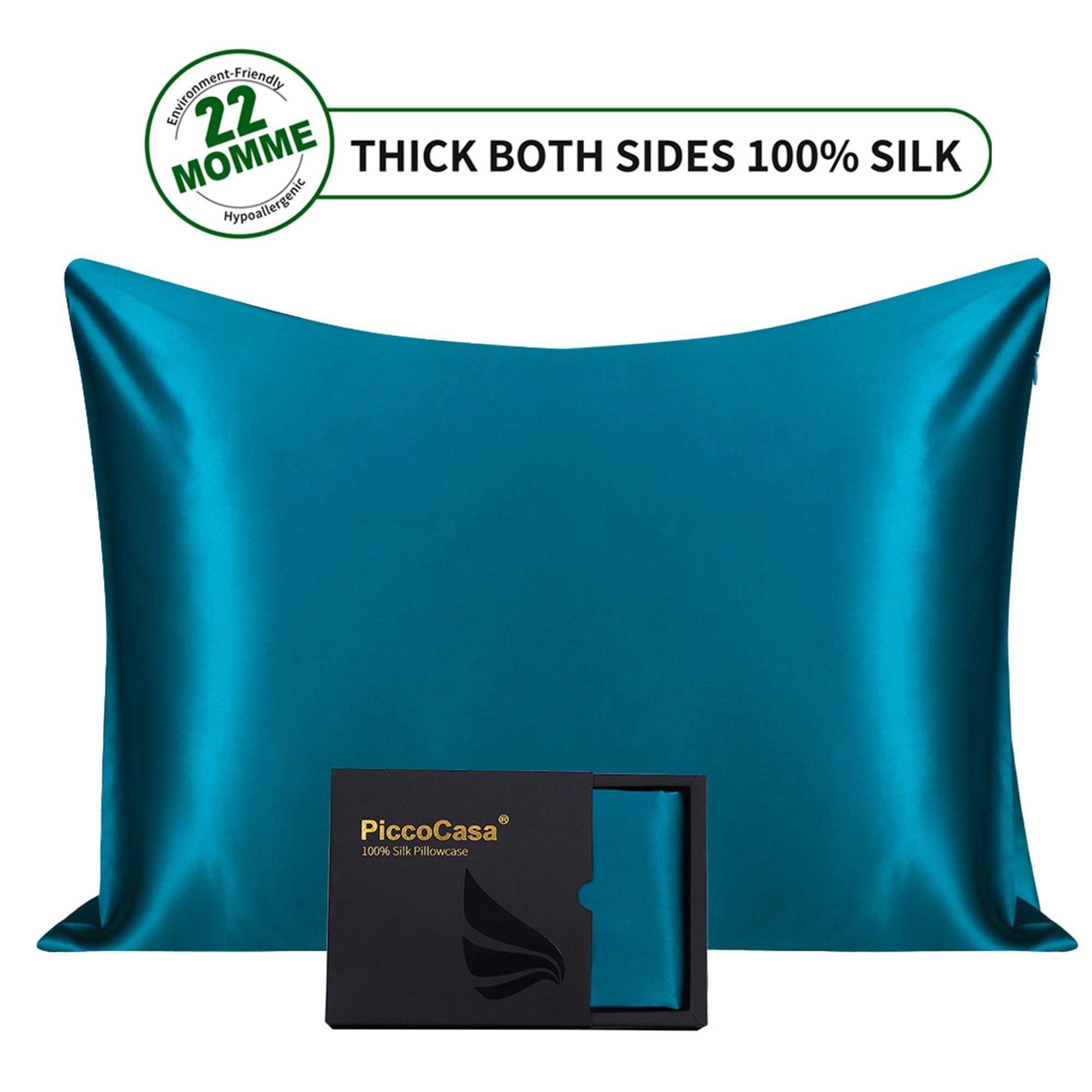 PiccoCasa Silk Pillow Cover, 19 Momme Silky Pillowcase, 20"x26", Blue