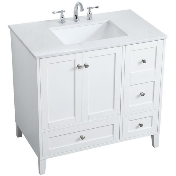 Pemberly Row Modern 36" Single Quartz Top Bathroom Vanity in White