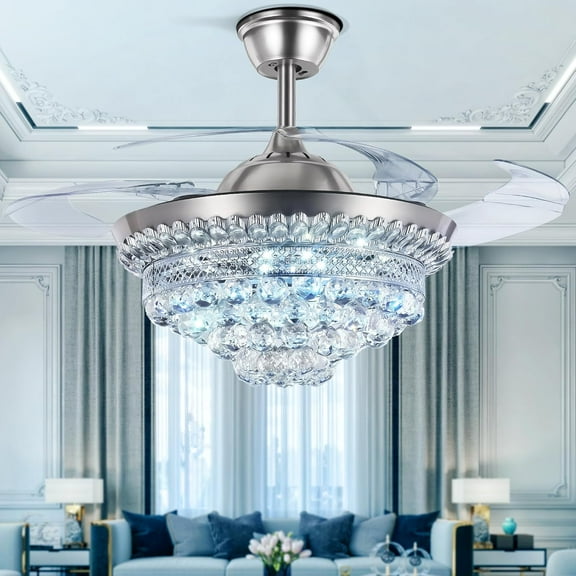 More Change 42" Crystal Ceiling Fan with Light Remote Control, Silver Retractable Chandelier Fan 3 Colors LED Light 3 Speeds Modern Fandelier Chandelier for Living Room Bedroom