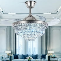 More Change 42" Crystal Ceiling Fan with Light Remote Control, Silver Retractable Chandelier Fan 3 Colors LED Light 3 Speeds Modern Fandelier Chandelier for Living Room Bedroom