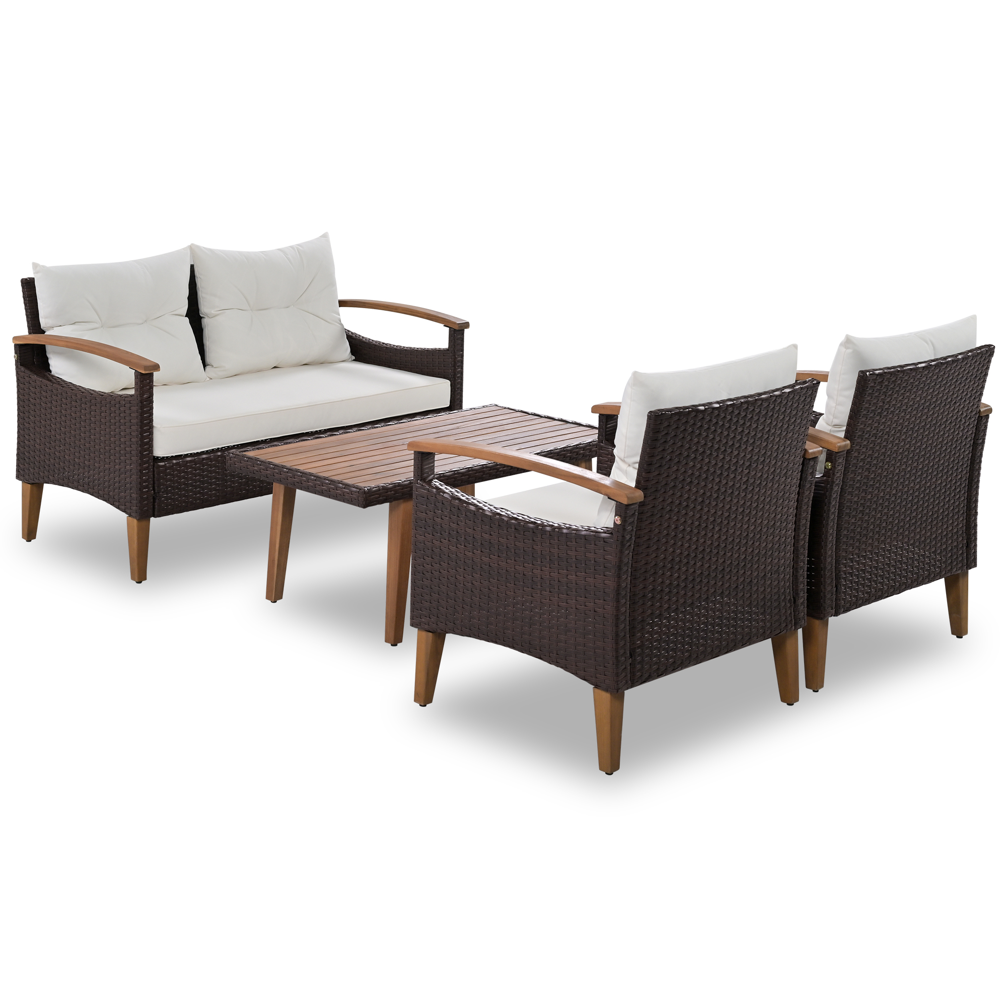 Harper & Bright Designs Patio Conversation Set, 4-Piece Outdoor Garden Furniture Set, Patio Seating Set, PE Rattan Outdoor Sofa Set, Wood Table and Legs, Brown+Beige+Wood