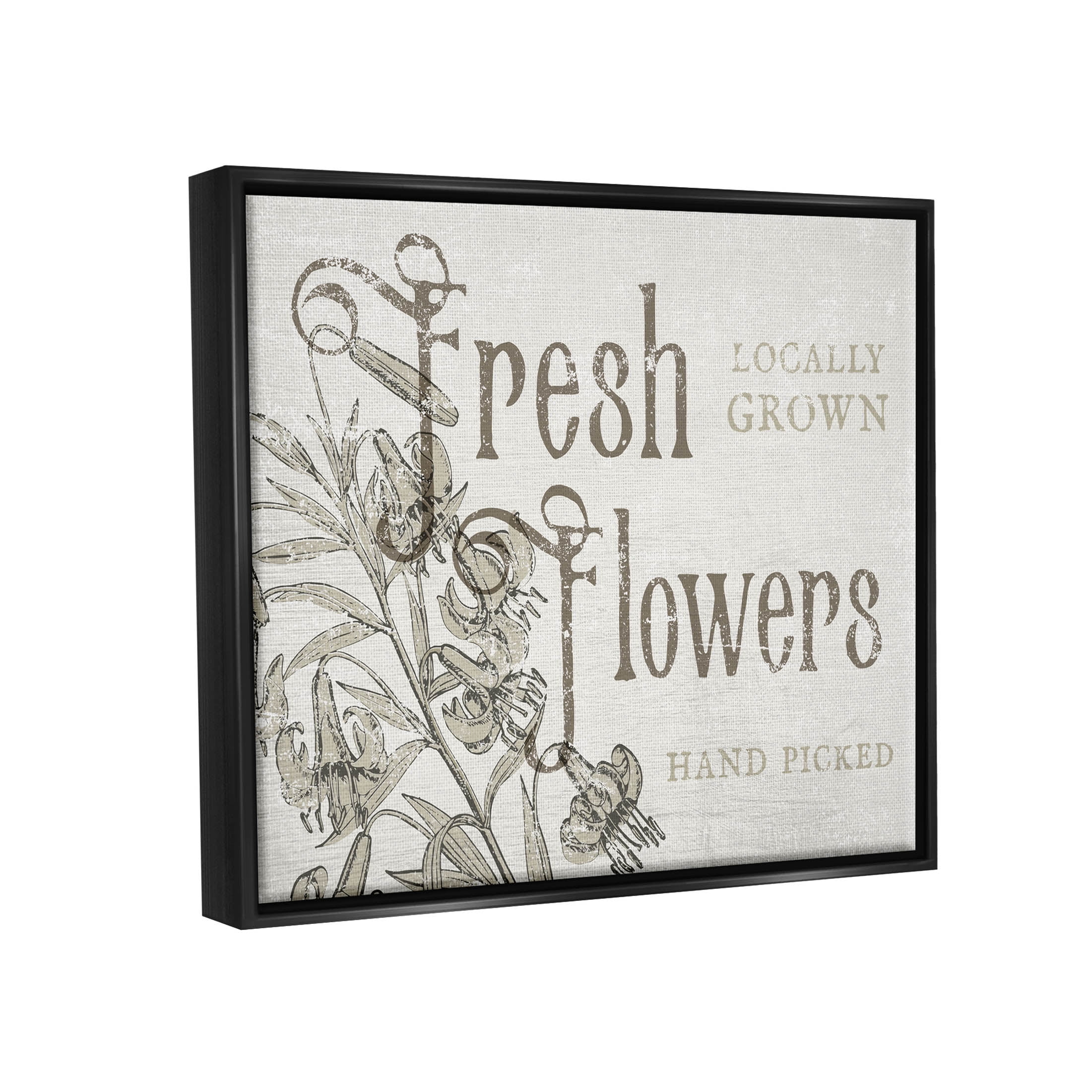 Stupell Industries Antique Fresh Flowers Botanical Signage Graphic Art Jet Black Floating Framed Canvas Print Wall Art, Design by Daphne Polselli