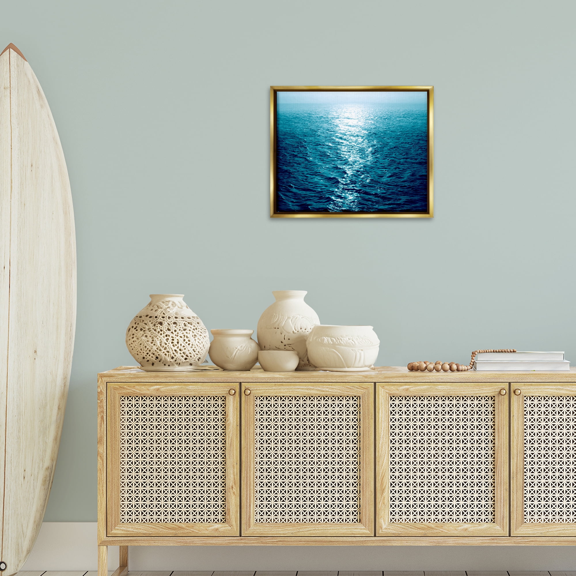 Stupell Industries Sun Reflected Ocean Ripples Landscape & Nature Photography Gold Floater Framed Canvas Art Print Wall Art, 21 x 17