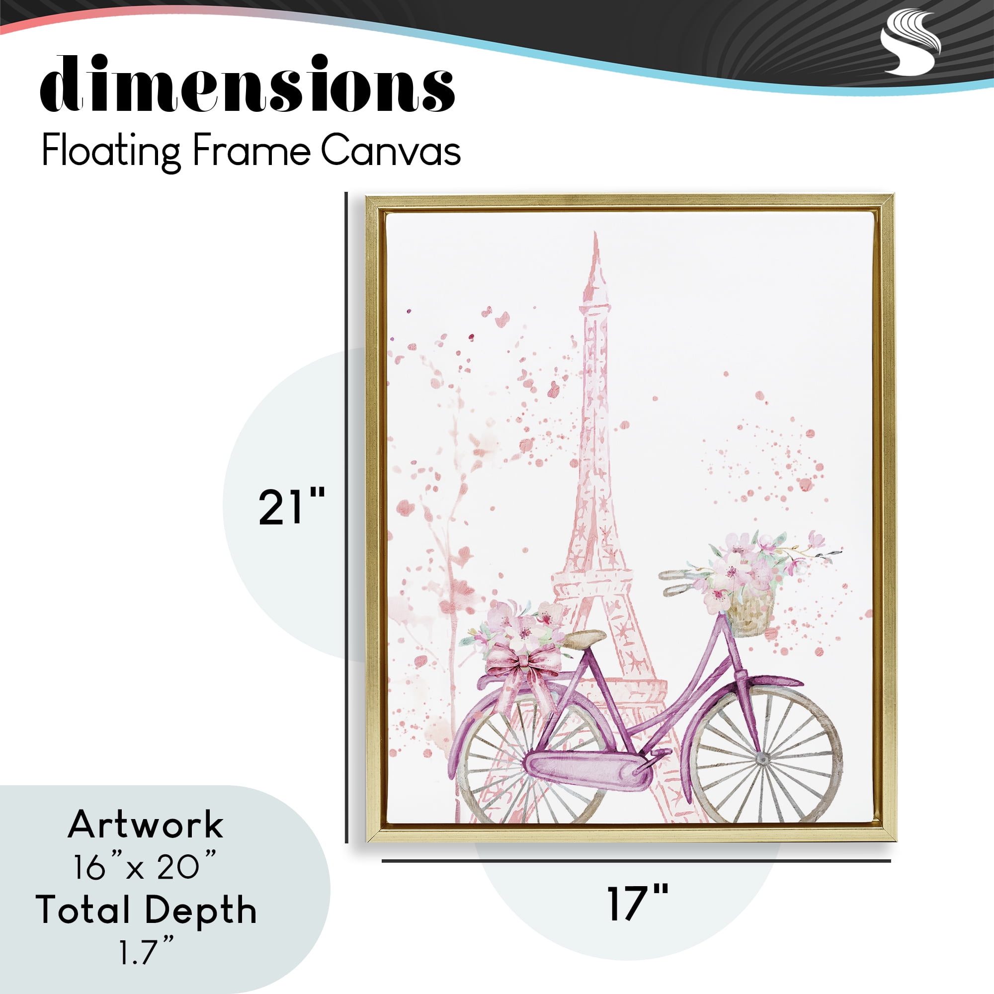 Parisian Bicycle & Modern Splatter Gold Framed Floater Canvas Wall Art, design by Kim Allen