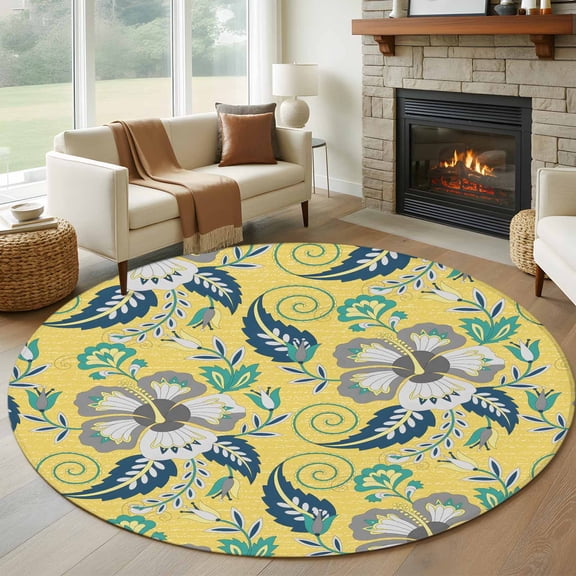 Round Area Rug 8 Ft, Yellow Cashew Flower Washable Non-Slip Circle Carpet for Living Room/Bedroom, Retro Ethnic Abstract Country Collection Low-Profile Large Area Rugs for Indoor