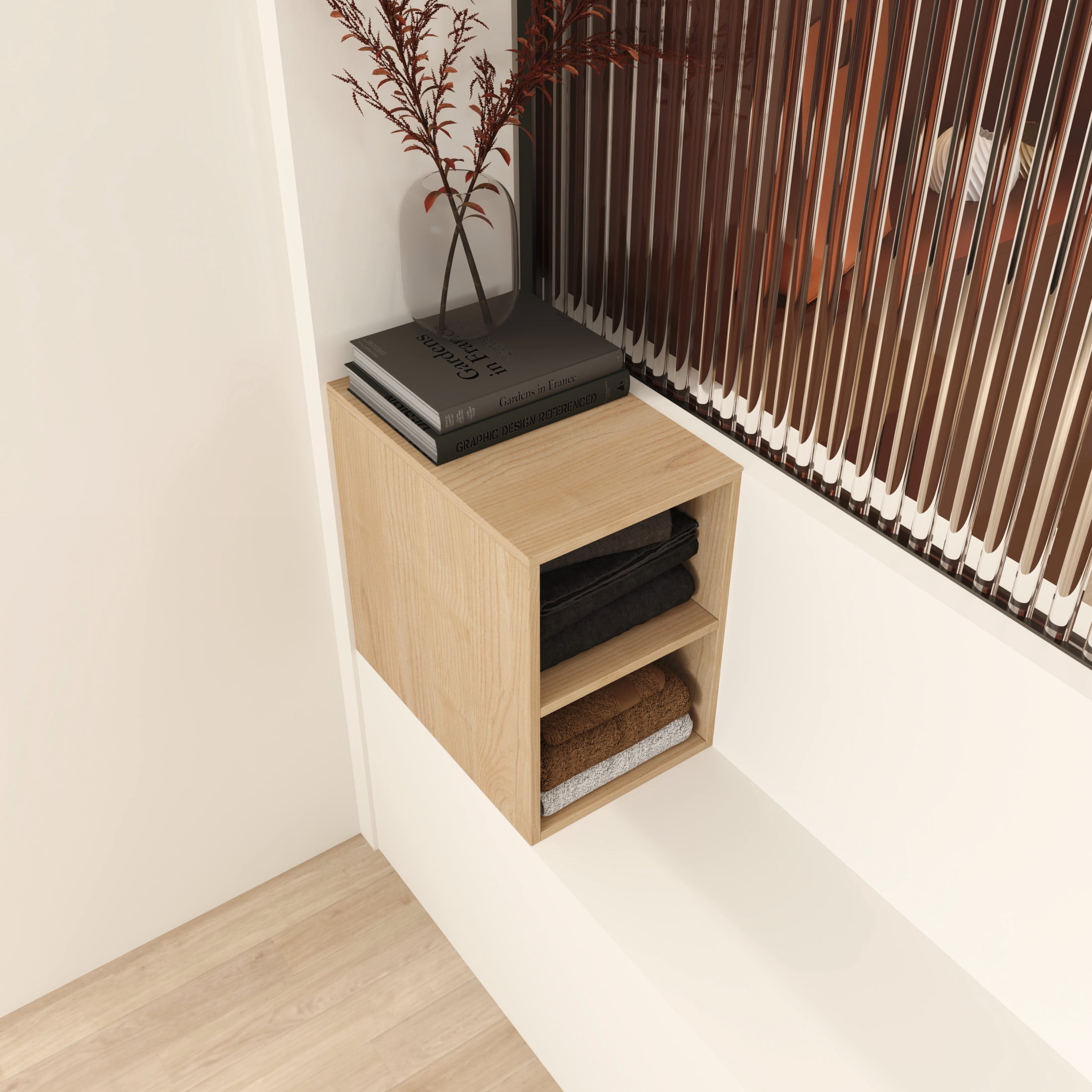 Noble House 12" Floating Wall Storage Shelves, Plywood Adjustable Open Bathroom Shelf, Water-Resistant, Light Oak