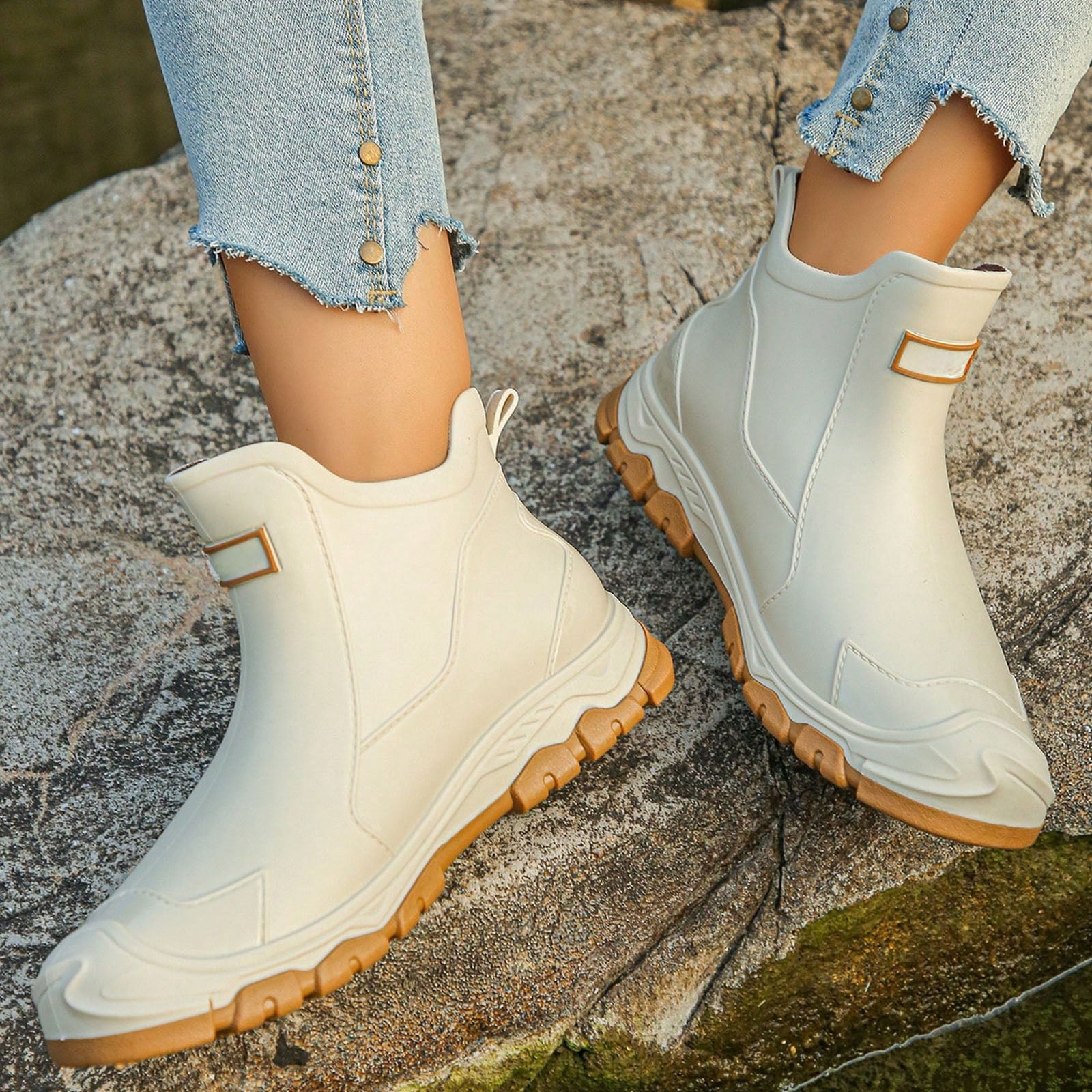 Stylago Ankle Rain Boots for Women Water Proof Garden Boot Wide Mouth Outdoor Comfortable Slip on Rubber Shoes for Rainy White Size 6