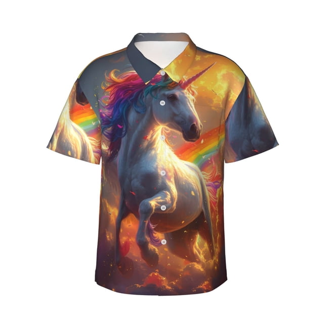 Balery Rainbow Sunset Cloud White Horse Camisas hawaianas de manga corta para hombre, camisas playeras de corte holgado, camisas de vacaciones con botones,XX-Large